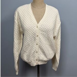 VTG Lizsport M Cream Textured Knit V Neck Cardigan Sweater Coastal Dainty Preppy